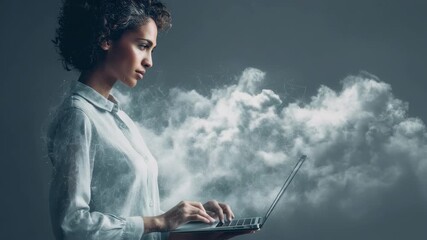 Businesswoman engages with cloud technology while working on her laptop in a modern office setting