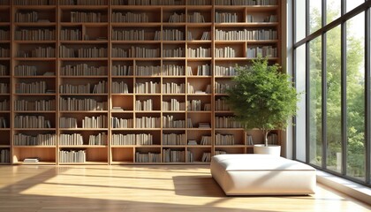 Modern library with large wooden bookshelves filled with books. White leather ottoman, potted tree in front of window with natural light, view of green trees outside. Wooden floor, calm atmosphere.