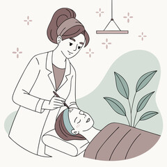 마스크 장갑 쓴 미소 짓는 의사 수술등 아래 주사기 들고 시술 준비 - 유쾌한 의료 전문가 EPS10 벡터 일러스트