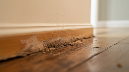 Close-up of damaged wood and trim, possibly due to termites or water damage. The floor has a shiny finish and is a warm color. The baseboard is light and the damage is visible.