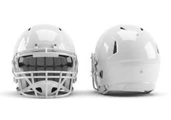 Fototapeta premium Two white football helmets facing different directions on white background