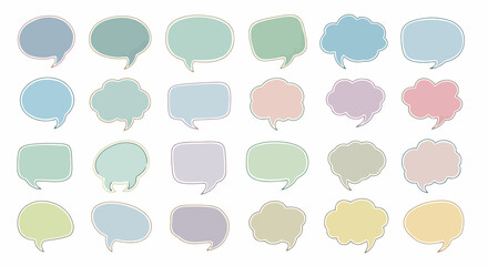 Collection of diverse pastel colored speech bubbles and thought clouds with outlines on a white background