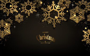 Merry Christmas 2026. A festive card with gorgeous textured golden snowflakes.