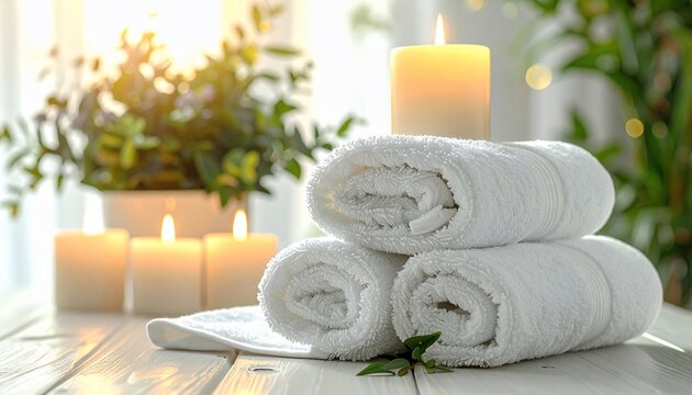 Relaxation and Serenity: Spa-Inspired Scene with Candles, Towels, and Lush Greenery