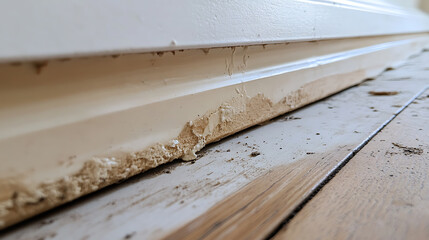 Close-up of peeling paint and damaged wood trim along the baseboard of a room with hardwood floors, showing wear and deterioration. Renovation needed.