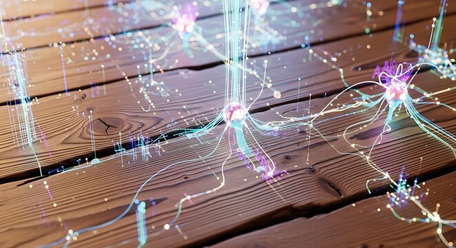 Abstract Neural Network Visualization on Wooden Surface with Glowing Connections.