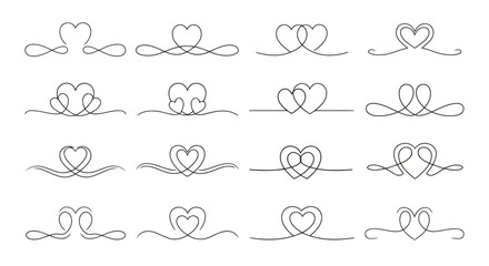 Collection of elegant black heart line art dividers and ornaments for romantic design elements