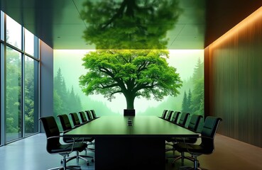 Executives meet in modern boardroom with large projection of rich green tree carbon offsets, eco friendly investments. Room offers natural light, serene forest backdrop suggesting sustainable