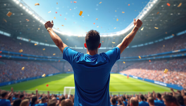 Person in blue jersey cheers with raised arms at packed football stadium. Confetti falls over happy crowd watching exciting soccer match. Supporters celebrate team goal win at big sport championship