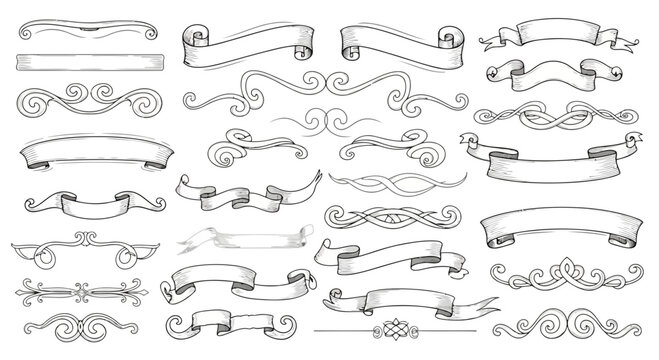 Collection of hand drawn vintage banners and decorative scroll elements for design and embellishment