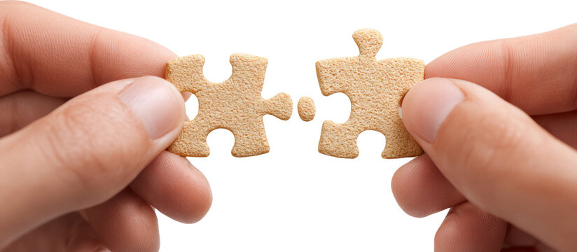 Hands holding jigsaw puzzle pieces with focus, concept of solution