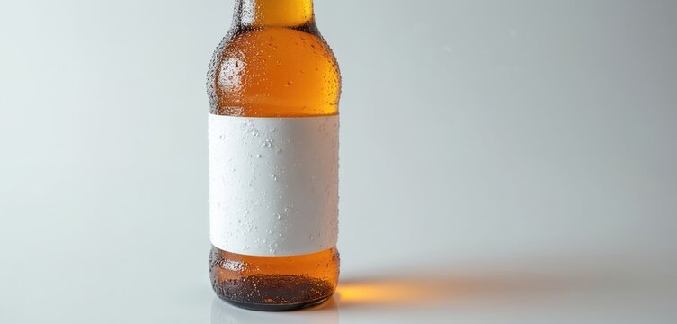 Amber colored beer bottle with condensation drops sits on clean white surface. Blank white label ready for custom brand design. Cold refreshing drink mockup for ads.