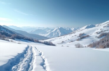Snowy mountain landscape under clear blue sky. Footprints in deep snow cover hills. Winter season scenic view of white mountain range with trees on hillsides.