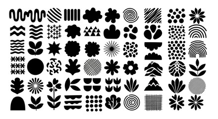 Collection of diverse abstract black shapes and organic forms including flowers leaves mountains and geometric patterns on white background