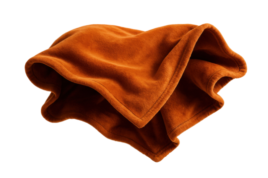 A plush orange blanket with soft texture and folded edges, depicted floating against a transparent background, suggesting comfort and warmth