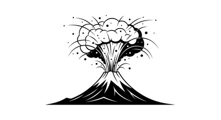 Erupting volcano black and white graphic illustration, showing a powerful natural disaster with ash and smoke bursting from the peak, isolated vector art.