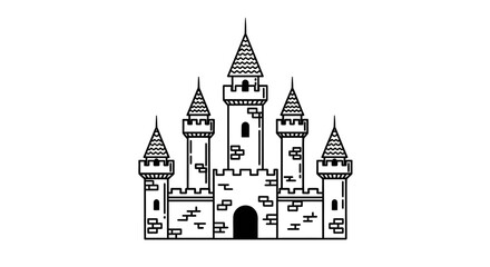 Fototapeta premium Line art depiction of a classic medieval fantasy castle with multiple towering spires, fortified walls, and an archway. a historical royal icon.