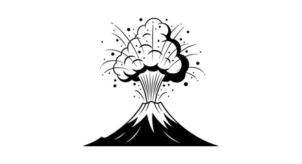 Vivid cartoon volcano eruption with dynamic smoke cloud and flying debris, depicting natural disaster and explosive power in a bold black and white graphic design