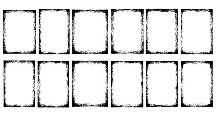 Collection of twelve distressed black and white rectangular borders with a grunge texture effect on a white background