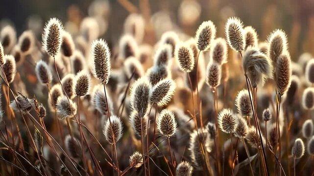 Field of fuzzy seed heads glowing in golden light during golden hour