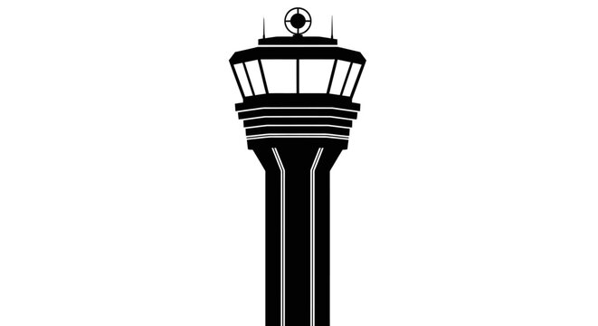Air traffic control tower silhouette icon illustration in black and white, representing airport operations, aviation management, and flight navigation guidance service.