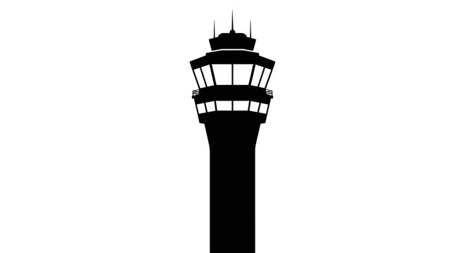 Air traffic control tower silhouette, minimal graphic illustration of an airport building, symbol of aviation navigation and flight guidance icon vector artwork