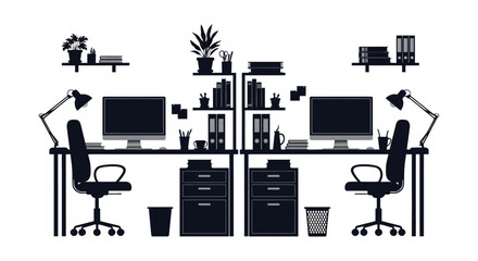 Silhouetted modern office workspace with two desks, computers, chairs, lamps, and shelves displaying books, plants, supplies.