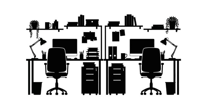 Office workstations silhouette. dual desks, chairs, computers, lamps, shelves, books, plants, and essential office supplies. vector art.