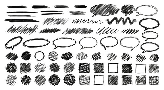 Collection of hand drawn black scribbled lines speech bubbles circles and squares on a white background - Powered by Adobe