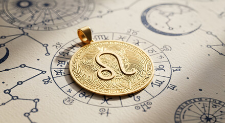 Stunning gold Leo zodiac pendant rests on celestial chart with astrological symbols, evoking cosmic destiny and personal insight.