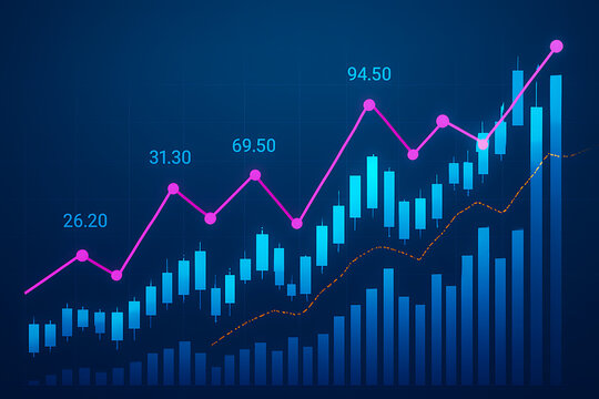 A detailed stock market bar chart and line graph displaying numerical values and a positive rising trend in a dark blue financial background