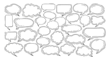 Collection of hand drawn doodle speech bubbles and thought clouds in various shapes and sizes on a white background