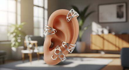 Elegant geometric ear cuffs adorn a human ear, showcasing modern minimalist jewelry fashion in a softly lit, stylish interior setting, perfect for fashion blogs or beauty campaigns.