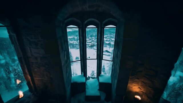 Mysterious Gothic Castle Interior Overlooking a Snowy Winter Valley at Dusk.