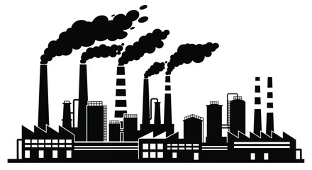 Fototapeta premium Industrial factory silhouette with multiple smoking chimneys representing environmental pollution, manufacturing, and energy production impact