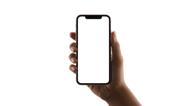 Hand holding a phone with a blank white screen on black