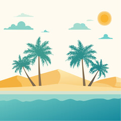 Obraz premium Tropical beach scene with palm trees sand and ocean under sunny sky