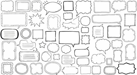 Collection of hand drawn doodle speech bubbles and frames in various shapes and styles on a white background