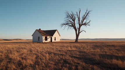 Secluded farmhouse meets solitary tree. The stark white house contrasts with the golden field and barren branches, under a vast, clear sky. A serene, rural landscape.