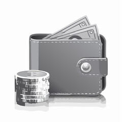Wallet filled with cash and coins representing financial savings and spending