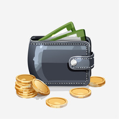 Wallet with currency and coins isolated on white background illustration