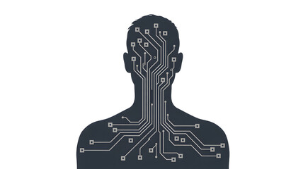 Human silhouette with circuit board pattern on black background