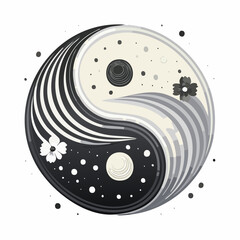 Yin and yang symbol in black and white with floral elements