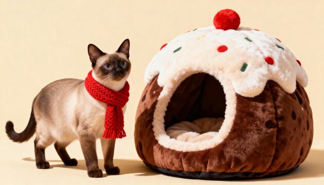 Full-body Siamese cat with red knit scarf by Christmas pudding cat bed on bright beige background