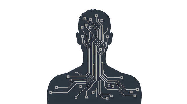 Human silhouette with circuit board pattern on black background - Powered by Adobe