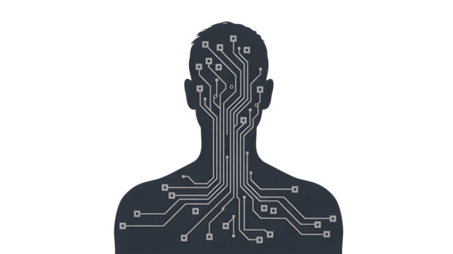 Human silhouette with circuit board pattern on black background