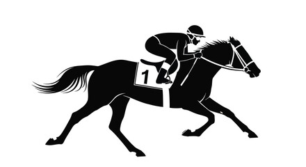 Galloping racehorse and jockey silhouette vector illustration with number one bib, capturing the essence of speed, competition, and equestrian sport triumph.