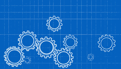 A blue-toned blueprint with various white gear outlines scattered across a grid © Sahrul