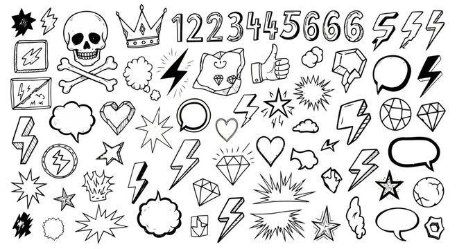 Collection of hand drawn doodle elements including lightning bolts skulls crowns numbers hearts stars diamonds and speech bubbles