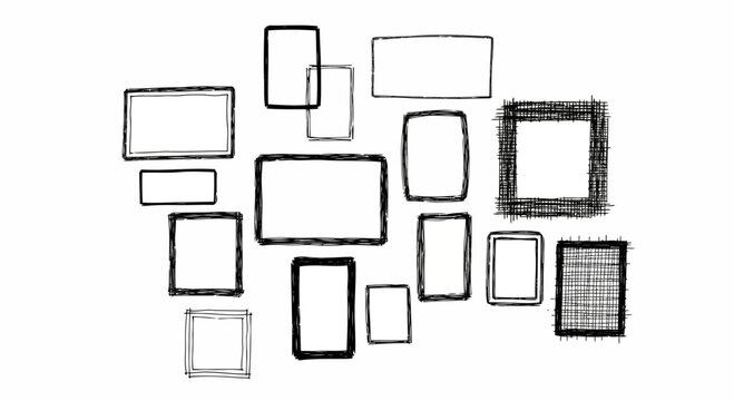 Collection of hand drawn black rectangular frames and borders on a white background for design and decoration